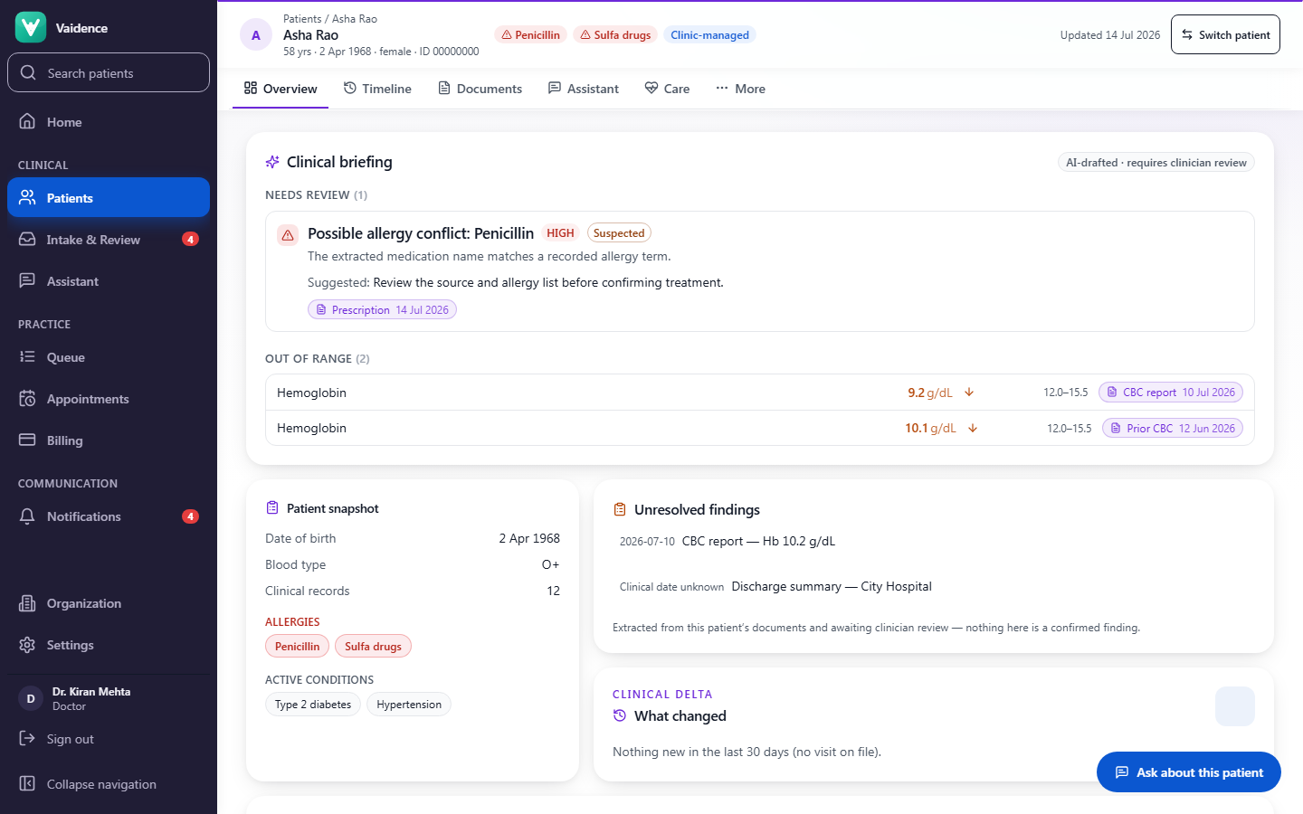 Patient overview screen of the Vaidence clinical workspace