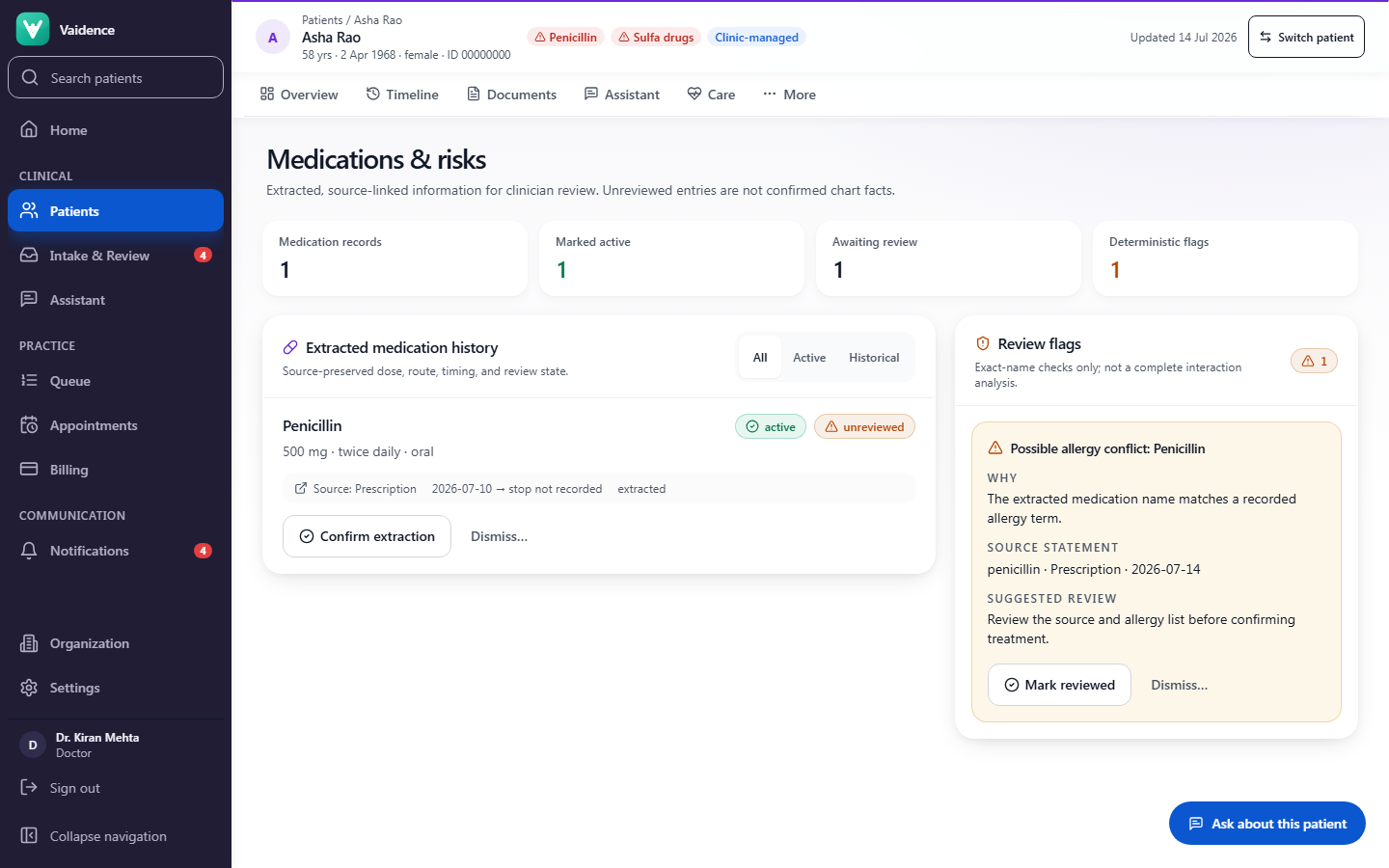 Medications screen of the Vaidence clinical workspace