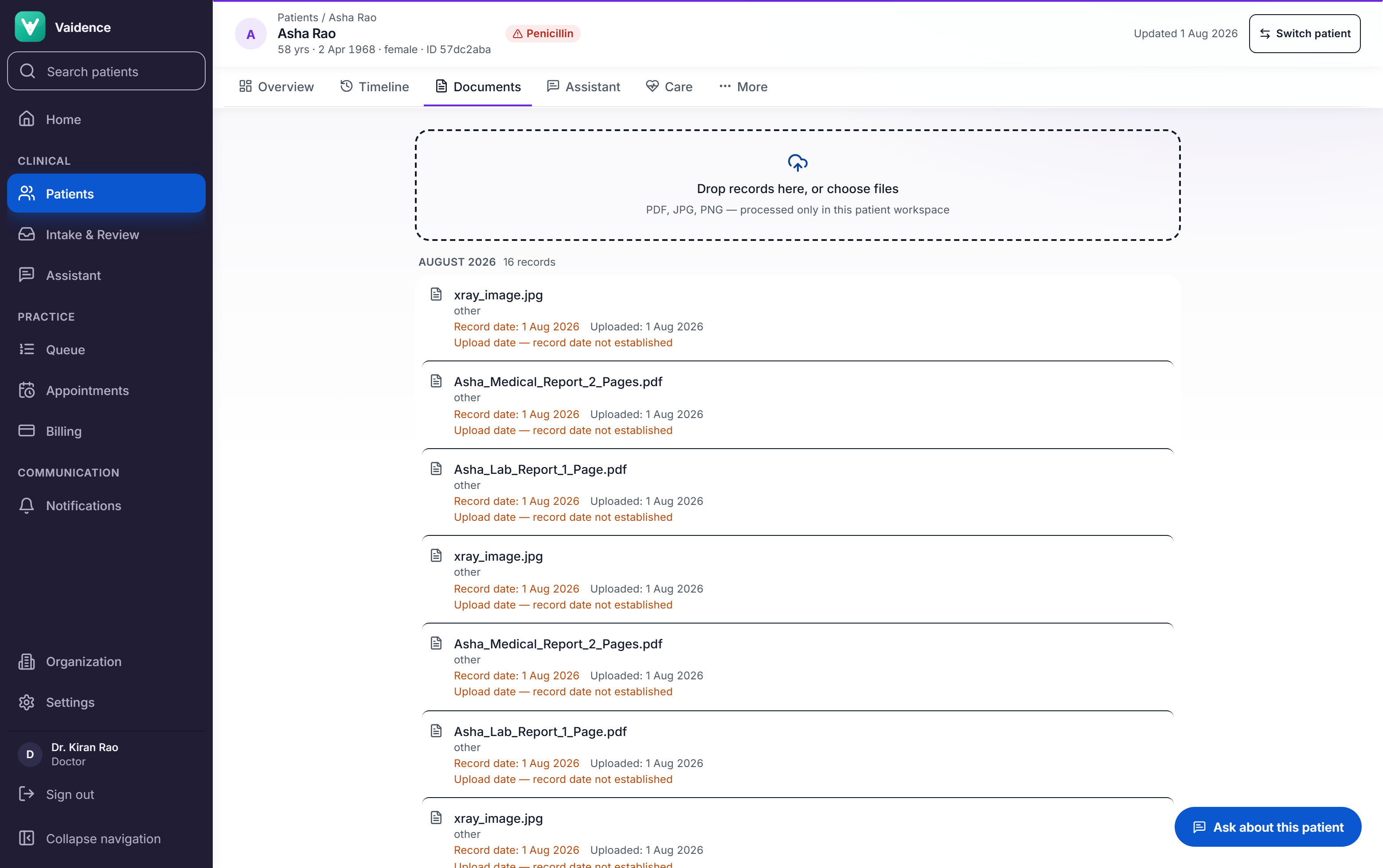 Records and lab reports screen of the Vaidence clinical workspace
