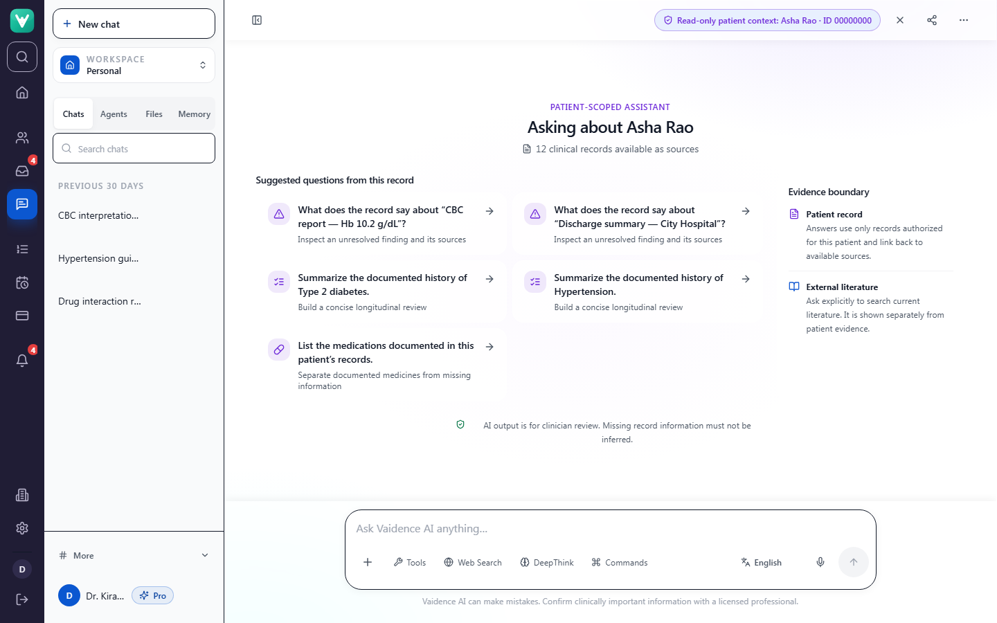 Source-backed answer screen of the Vaidence clinical workspace