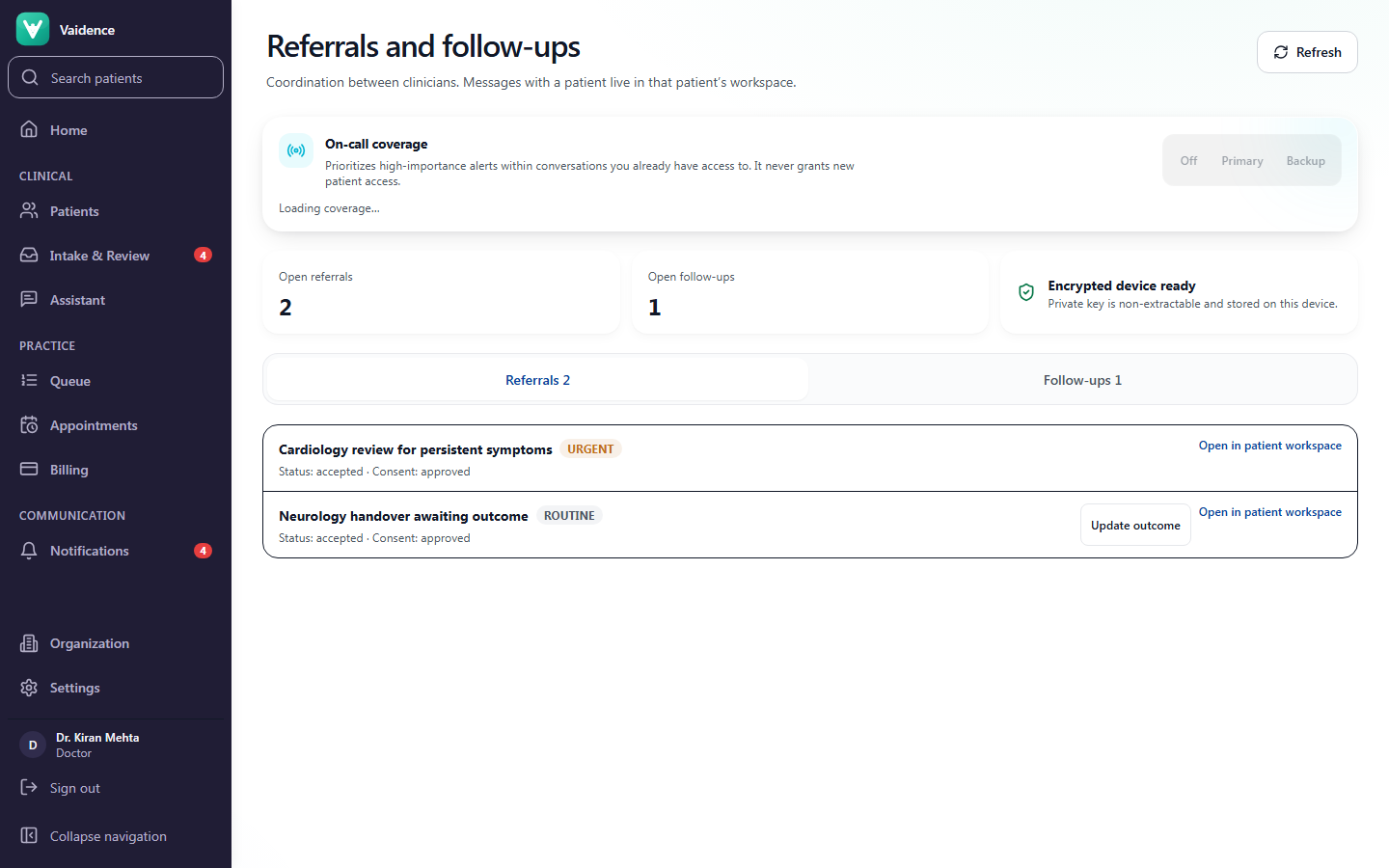 Referral workflow screen of the Vaidence clinical workspace